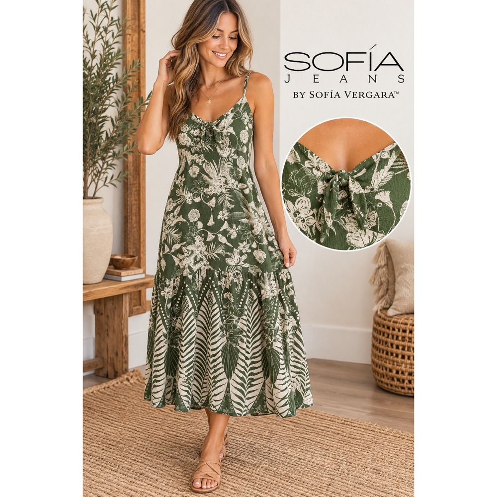 Sofia Jeans by Sofia Vergara Women Green Tropical Floral Tie Front Midi Dress S